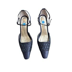 Caparros Women's Midnight Blue Satin Beaded Ankle Strap Evening Shoes Size 10